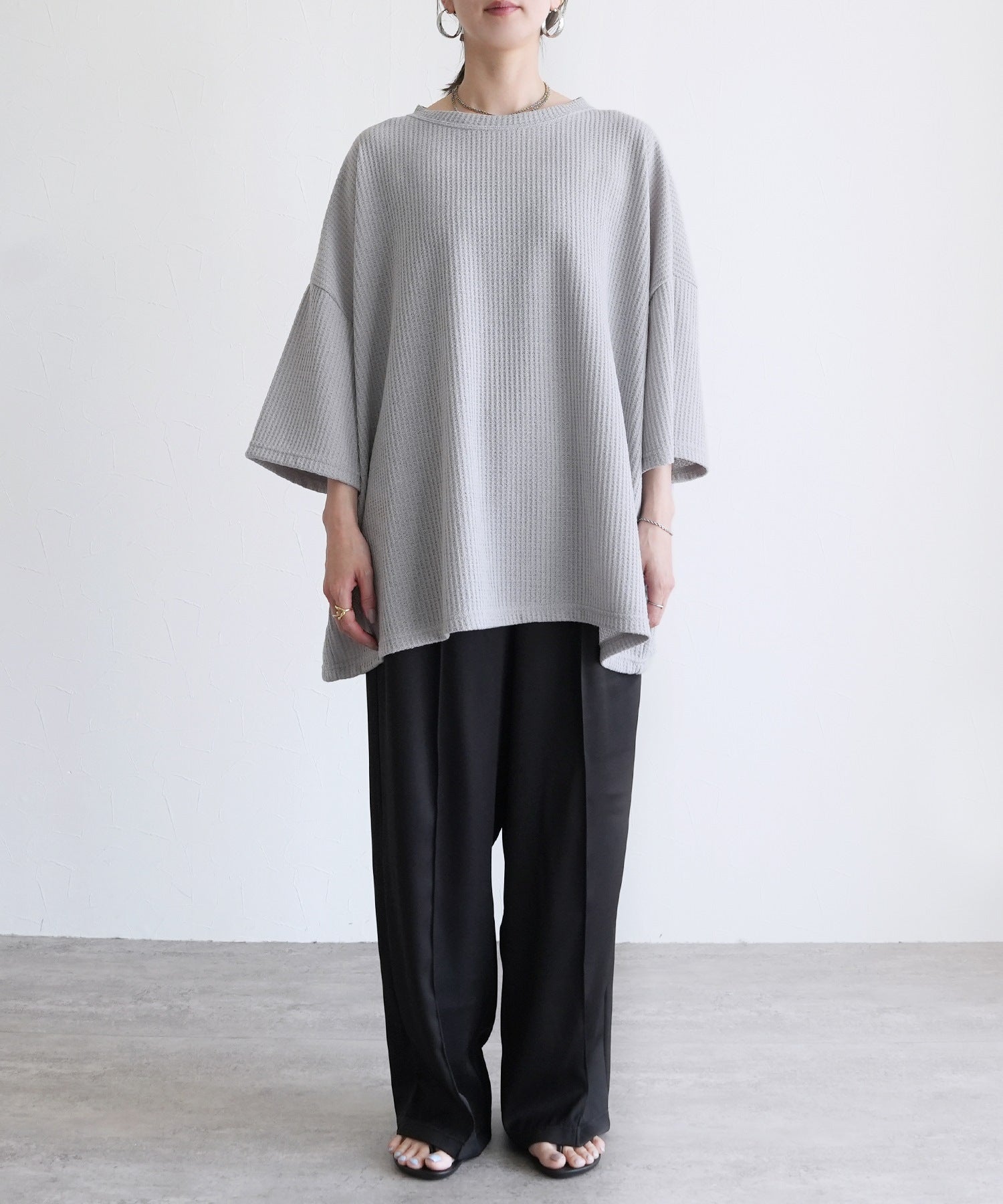 レカ reca 無地/ボーダー柄 ワッフルボックスワイドTシャツ（R25102-k）【B：ボーダー】ホワイト×ブラウン 【B：ボーダー】ホワイト×ブラウン