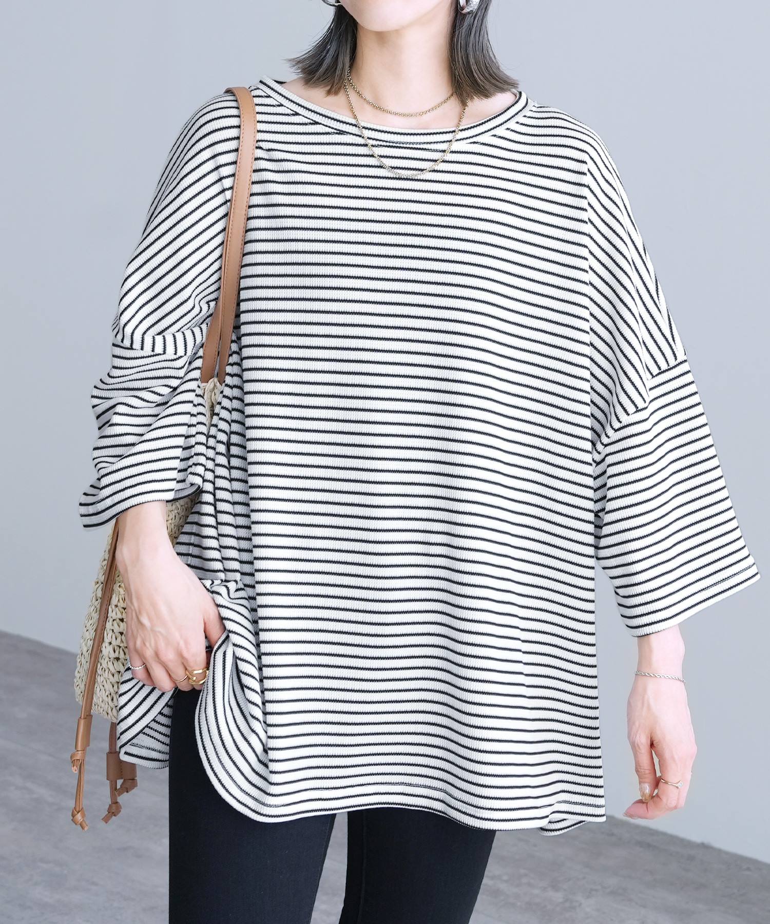 レカ reca 無地/ボーダー柄 ワッフルボックスワイドTシャツ（R25102-k）【B：ボーダー】ホワイト×ブラック 【B：ボーダー】ホワイト×ブラック