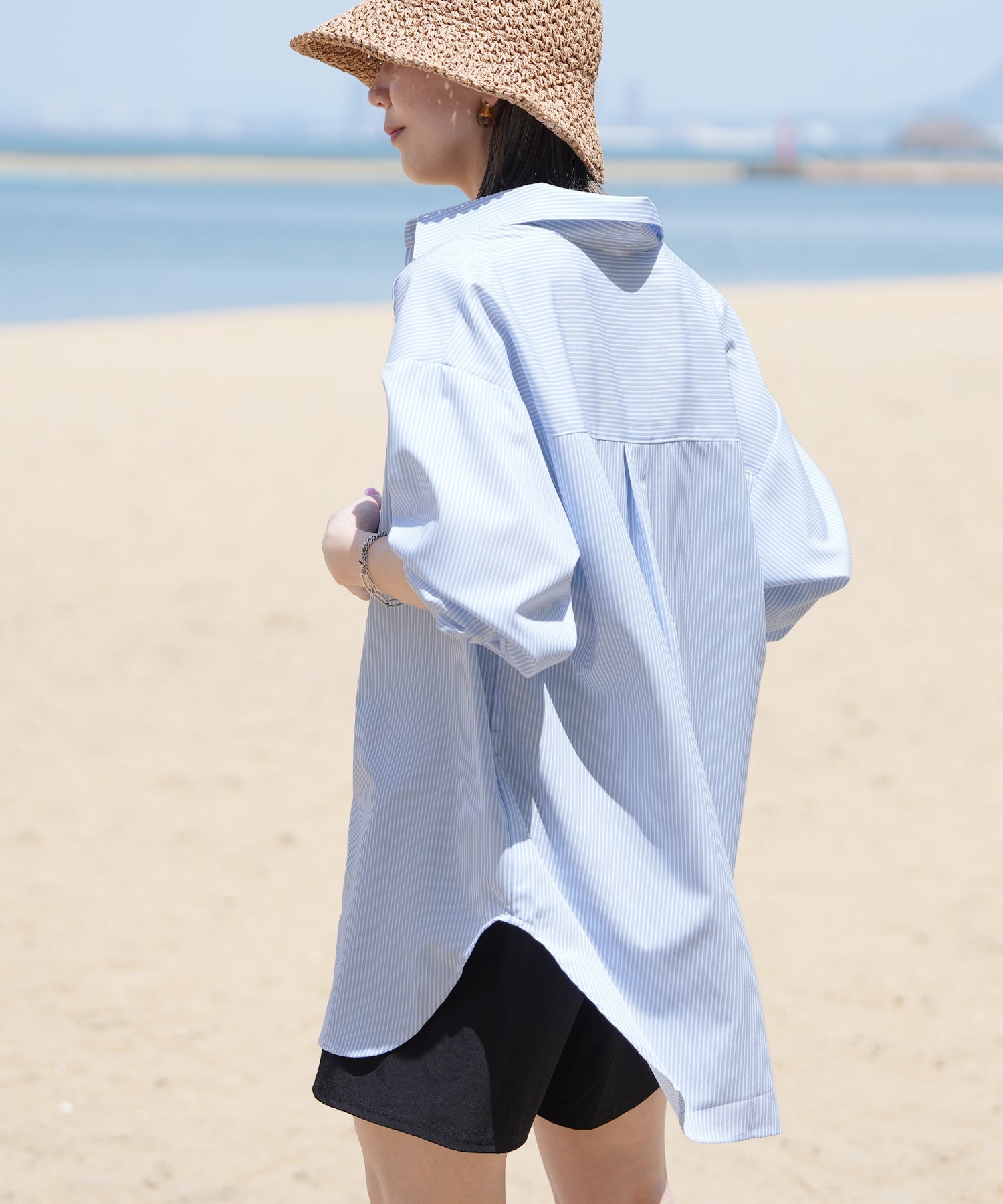 レカ reca 無地/ストライプ ラッシュガードオーバーサイズシャツ(y4429・y4430) （ストライプサックス） ストライプサックス