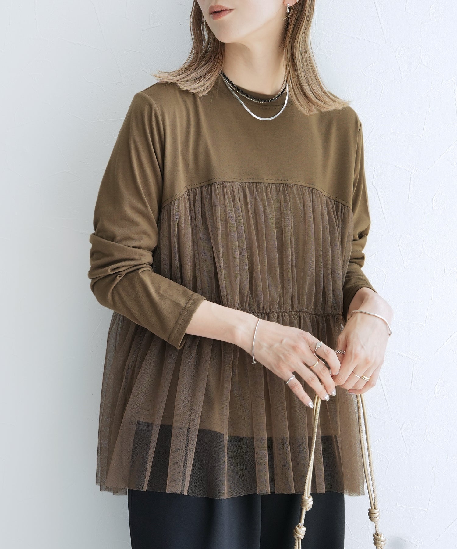 レカ reca チュールドッキング長袖Tシャツ(my-4N35-9304) （ブラウン） ブラウン