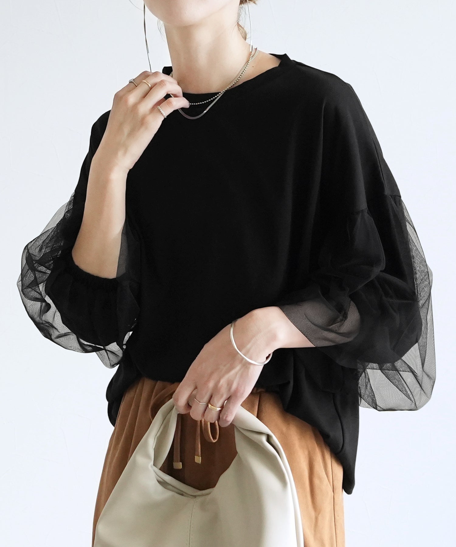 レカ reca チュールバルーンスリーブTシャツ(my-4N35-9305) （ブラック） ブラック