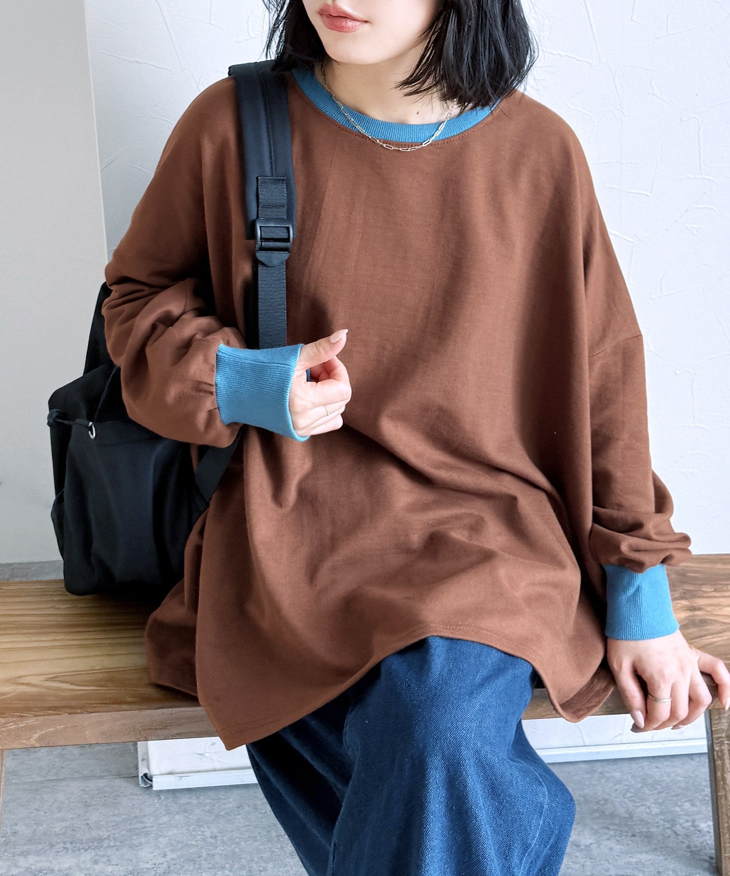 【ゆるっと着られて楽ちん♪】ビッグプルオーバー（配色：ブラウン×ブルー）/ R21149-v ブラウン×ブルー(リブ)