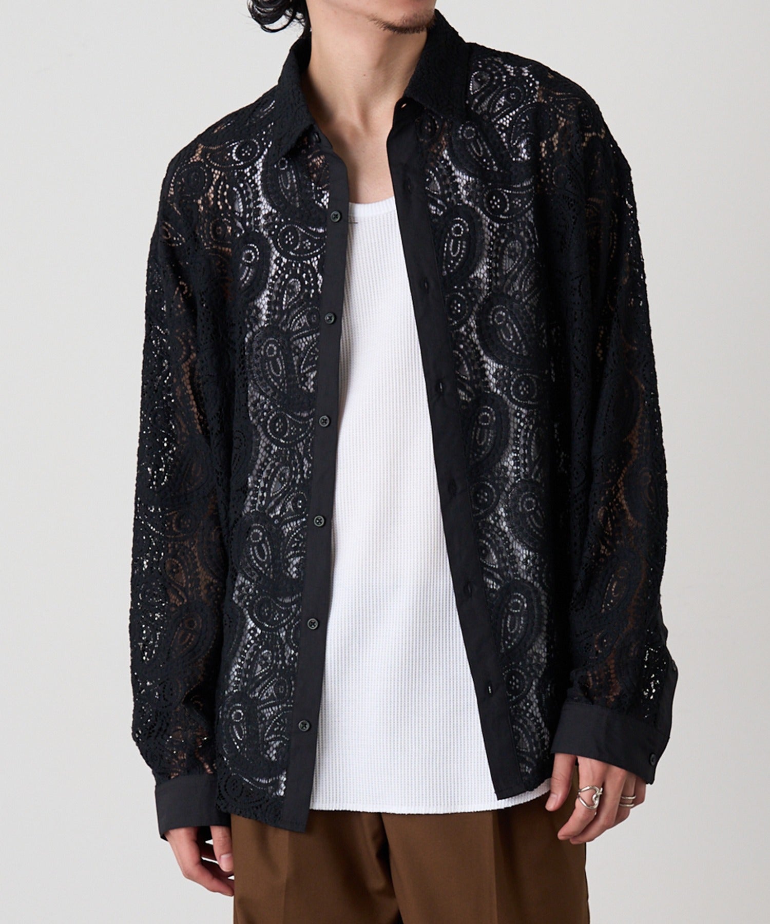 マガジンデモードコンタクト MAGASIN DE MODE CONTACT L/S レースシアーシャツ （ブラック系1） ブラック系1