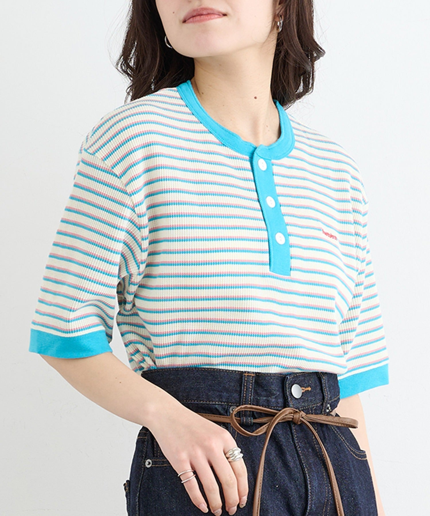 ヘルスニット Healthknit Multi Border Waffle Henleyneck S/S 679S （アイボリー系1） アイボリー系1