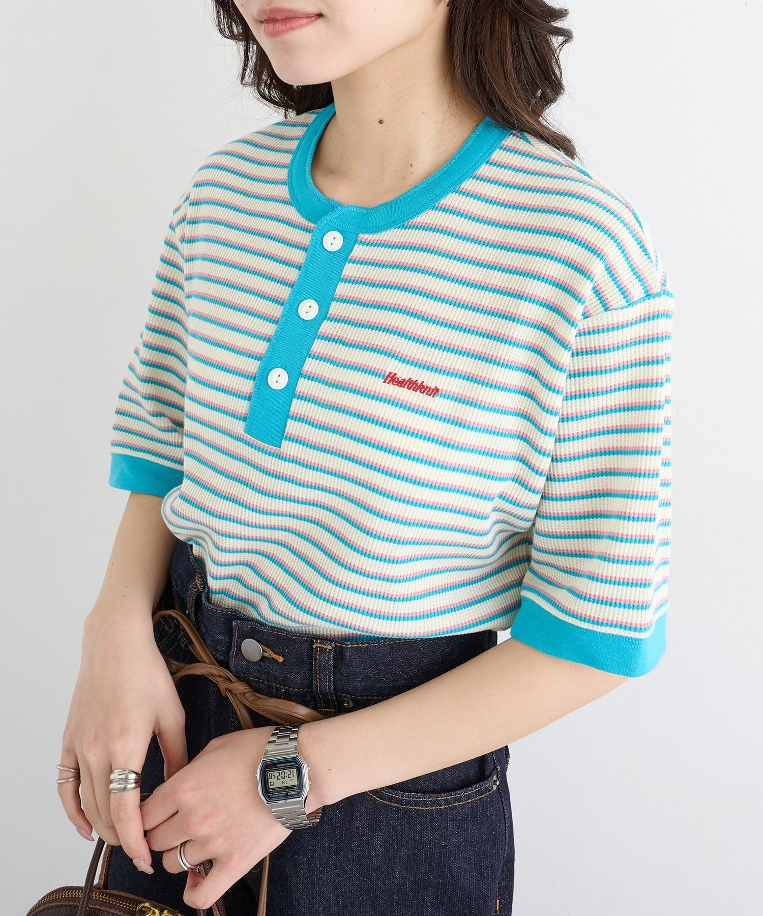 ヘルスニット Healthknit Multi Border Waffle Henleyneck S/S 679S （アイボリー系1） アイボリー系1