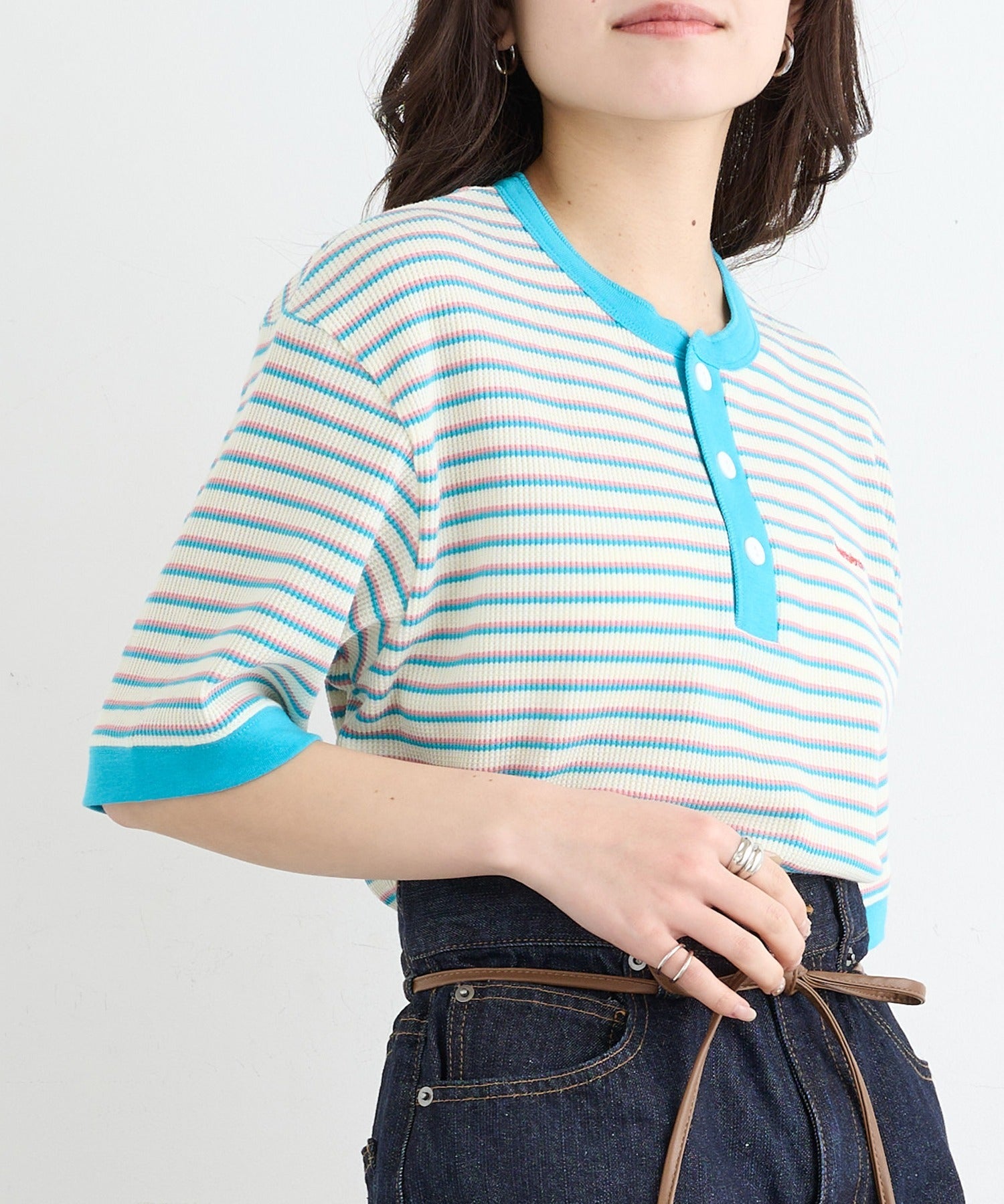 ヘルスニット Healthknit Multi Border Waffle Henleyneck S/S 679S （アイボリー系1） アイボリー系1