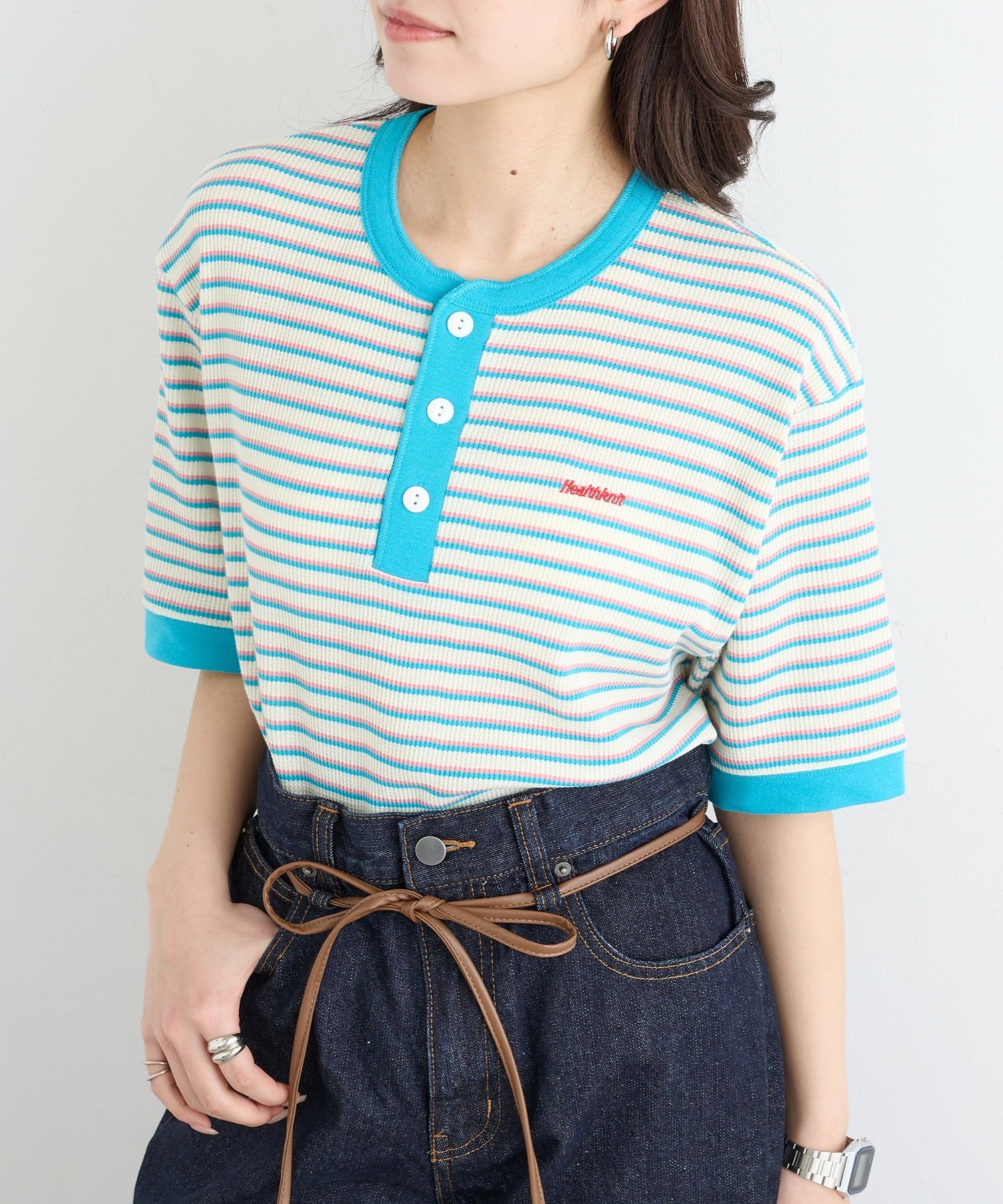 ヘルスニット Healthknit Multi Border Waffle Henleyneck S/S 679S （アイボリー系1） アイボリー系1
