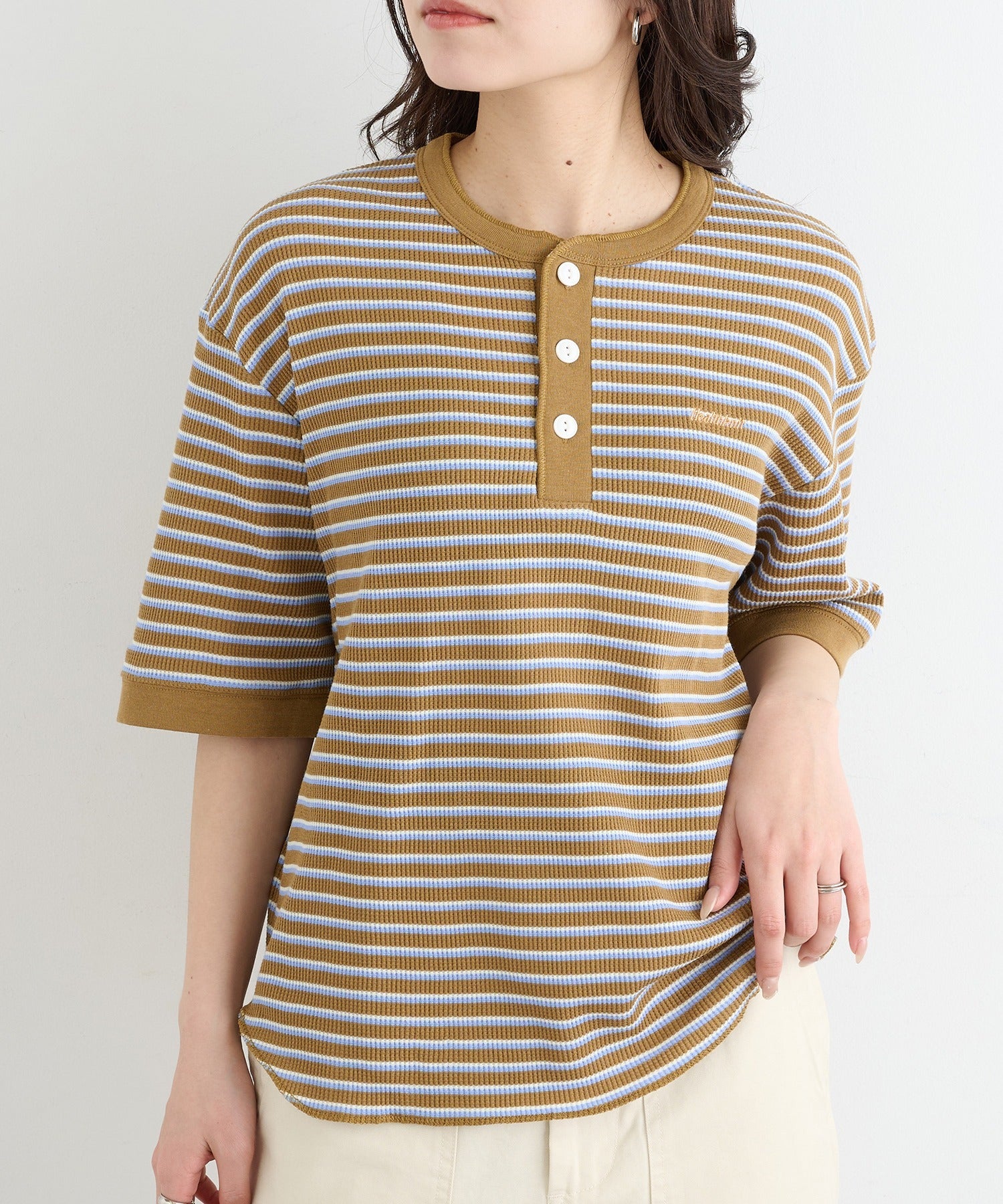 ヘルスニット Healthknit Multi Border Waffle Henleyneck S/S 679S （ブラウン系1） ブラウン系1