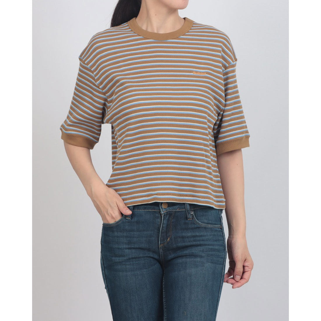 ヘルスニット Healthknit Multi Border Waffle Crewneck S/S 680S （ブラウン系1） ブラウン系1