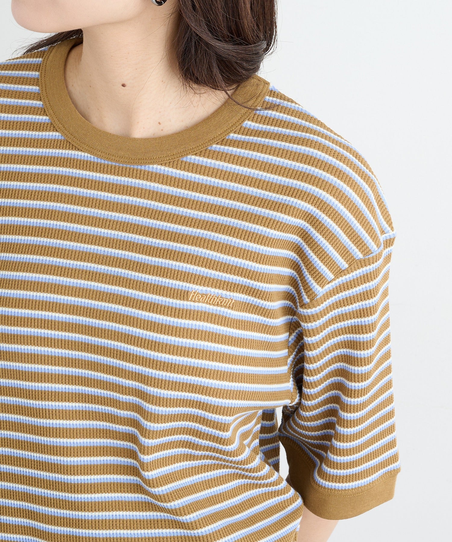 ヘルスニット Healthknit Multi Border Waffle Crewneck S/S 680S （ブラウン系1） ブラウン系1