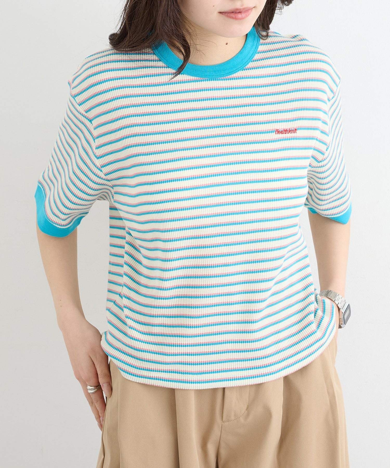 ヘルスニット Healthknit Multi Border Waffle Crewneck S/S 680S （アイボリー系1） アイボリー系1