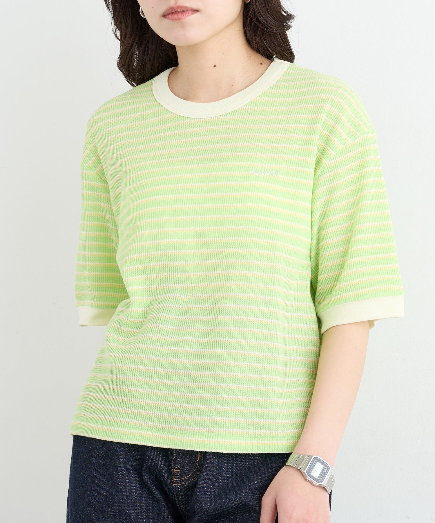 ヘルスニット Healthknit Multi Border Waffle Crewneck S/S 680S （ライム） ライム
