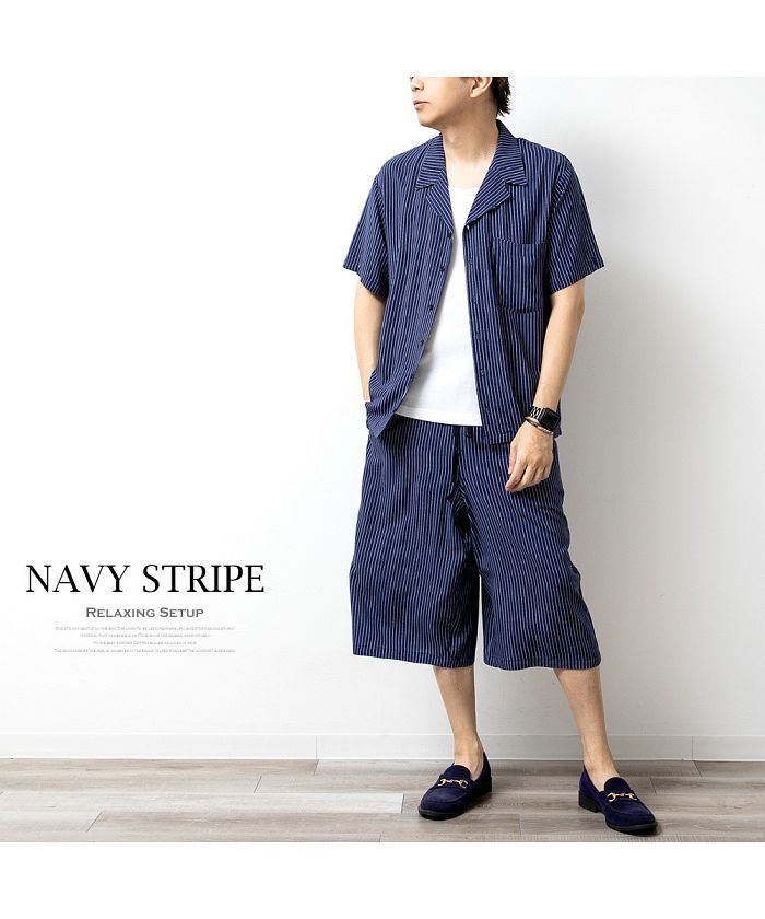 ジェネレス GENELESS セットアップ メンズ 開襟シャツ 上下セット ワイドパンツ オープンカラーシャツ 涼しい 部屋着 ルームウェア