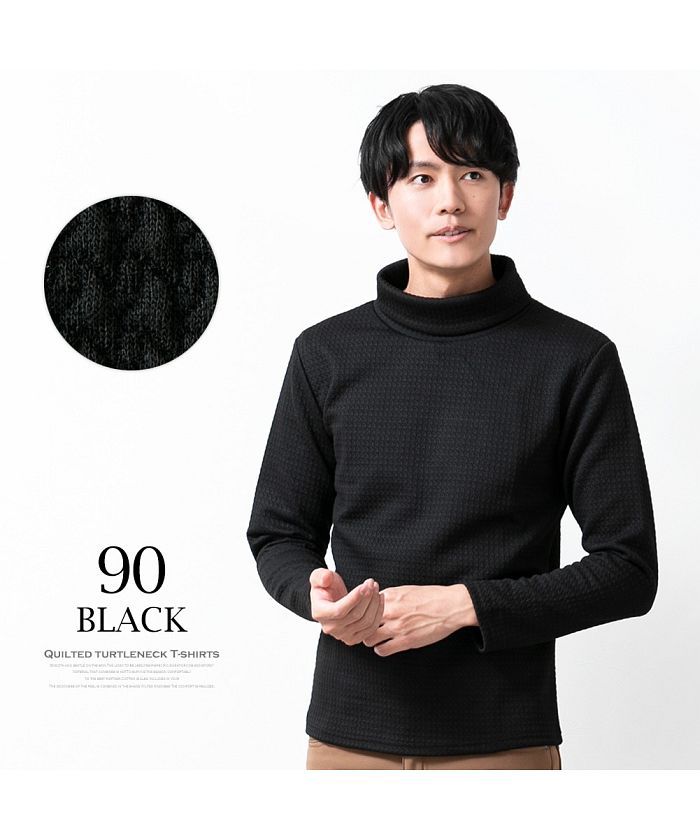 ジェネレス GENELESS タートルネック Tシャツ メンズ カットソー 黒 白 インナー トップス 長袖 千鳥柄 ハイネック