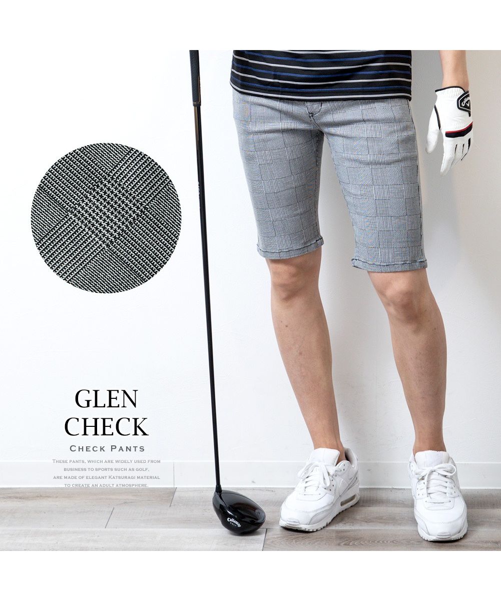 ジェネレス GENELESS ゴルフパンツ メンズ ゴルフウェア 夏 用 ハーフパンツ膝丈 ショートパンツ ストレッチ 千鳥 チェック