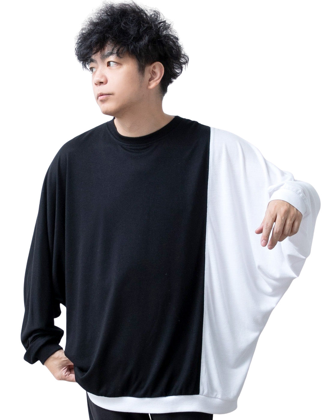 ジェネレス GENELESS tシャツ メンズ ドルマン 長袖 長袖ドルマンtシャツ ドレープ Tシャツ おしゃれ 体系カバー 切替 オーバーサイズ ゆったり ドルマンスリーブ カジュアル シンプル ホワイト （07.ブラック×ホワイト） 07.ブラック×ホワイト