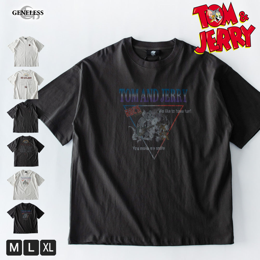 ジェネレス GENELESS tシャツ メンズ 半袖 キャラクター トムとジェリー 半袖tシャツ アニメ トムジェリ プリントT 綿100 Tシャツ 紺 アメカジ 全2色 プリント パープル 春 スミクロ （A/27.アイボリー） A/27.アイボリー