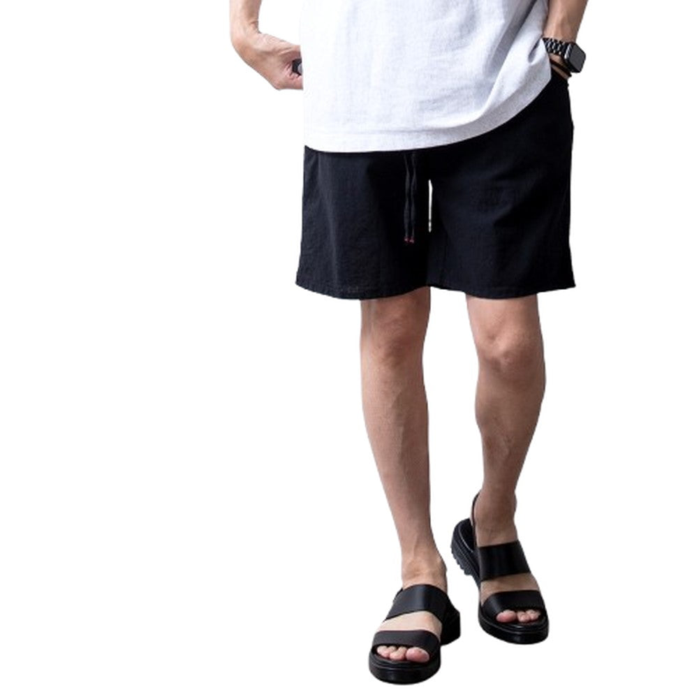 ジェネレス GENELESS パンツ メンズ 夏 清涼 涼 綿麻 ショートパンツ リネン コットン ハーフパンツ スリム 膝上 ずぼん ウエストゴム 綿 ハーパン アメカジ スタンダード イージーパンツ シンプル （02.ブラック） 02.ブラック