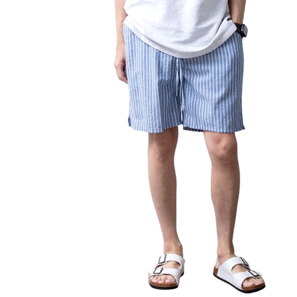 ジェネレス GENELESS パンツ メンズ 夏 清涼 涼 綿麻 ショートパンツ リネン コットン ハーフパンツ スリム 膝上 ずぼん ウエストゴム 綿 ハーパン アメカジ スタンダード イージーパンツ シンプル （07.ブルーストライプ） 07.ブルーストライプ
