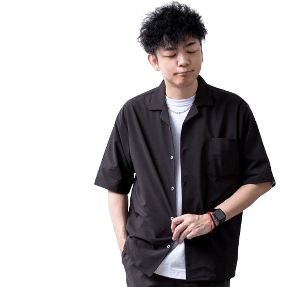 ジェネレス GENELESS 開襟シャツ 半袖 メンズ おしゃれ 半袖シャツ 夏 涼しい 接触冷感 オープンカラーシャツ ストレッチ リネン 麻ネイビーストライプ オープンカラー 麻ベージュ 麻 吸水速乾 （B/機能ブラック） B/機能ブラック