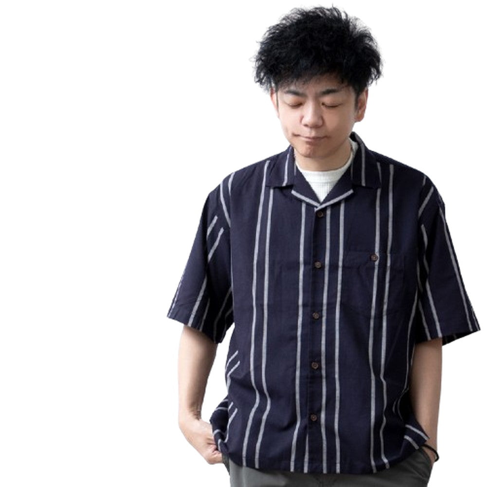 ジェネレス GENELESS 開襟シャツ 半袖 メンズ おしゃれ 半袖シャツ 夏 涼しい 接触冷感 オープンカラーシャツ ストレッチ リネン 麻ネイビーストライプ オープンカラー 麻ベージュ 麻 吸水速乾 （A/麻ネイビーストライプ） A/麻ネイビーストライプ