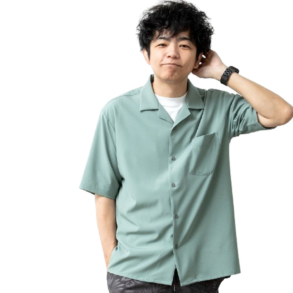 ジェネレス GENELESS 開襟シャツ 半袖 メンズ おしゃれ 半袖シャツ 夏 涼しい 接触冷感 オープンカラーシャツ ストレッチ リネン 麻ネイビーストライプ オープンカラー 麻ベージュ 麻 吸水速乾 （B/機能Lグリーン） B/機能Lグリーン