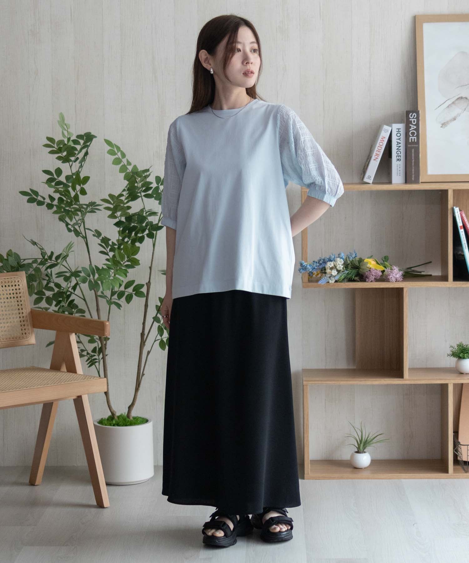 ハッシュアッシュ HusHusH 袖異素材プルオーバー （サックス） サックス