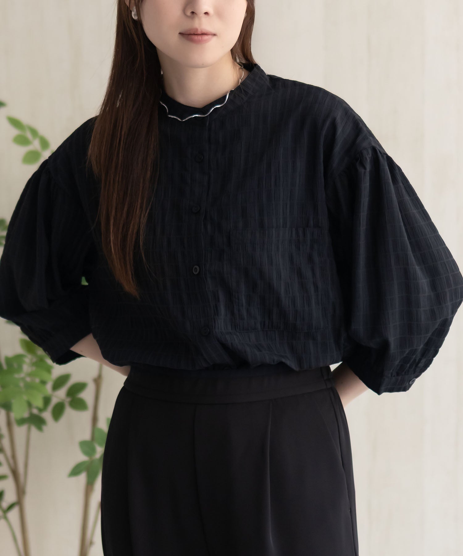 ハッシュアッシュ HusHusH バンドカラー7分袖ブラウス （サックス） サックス