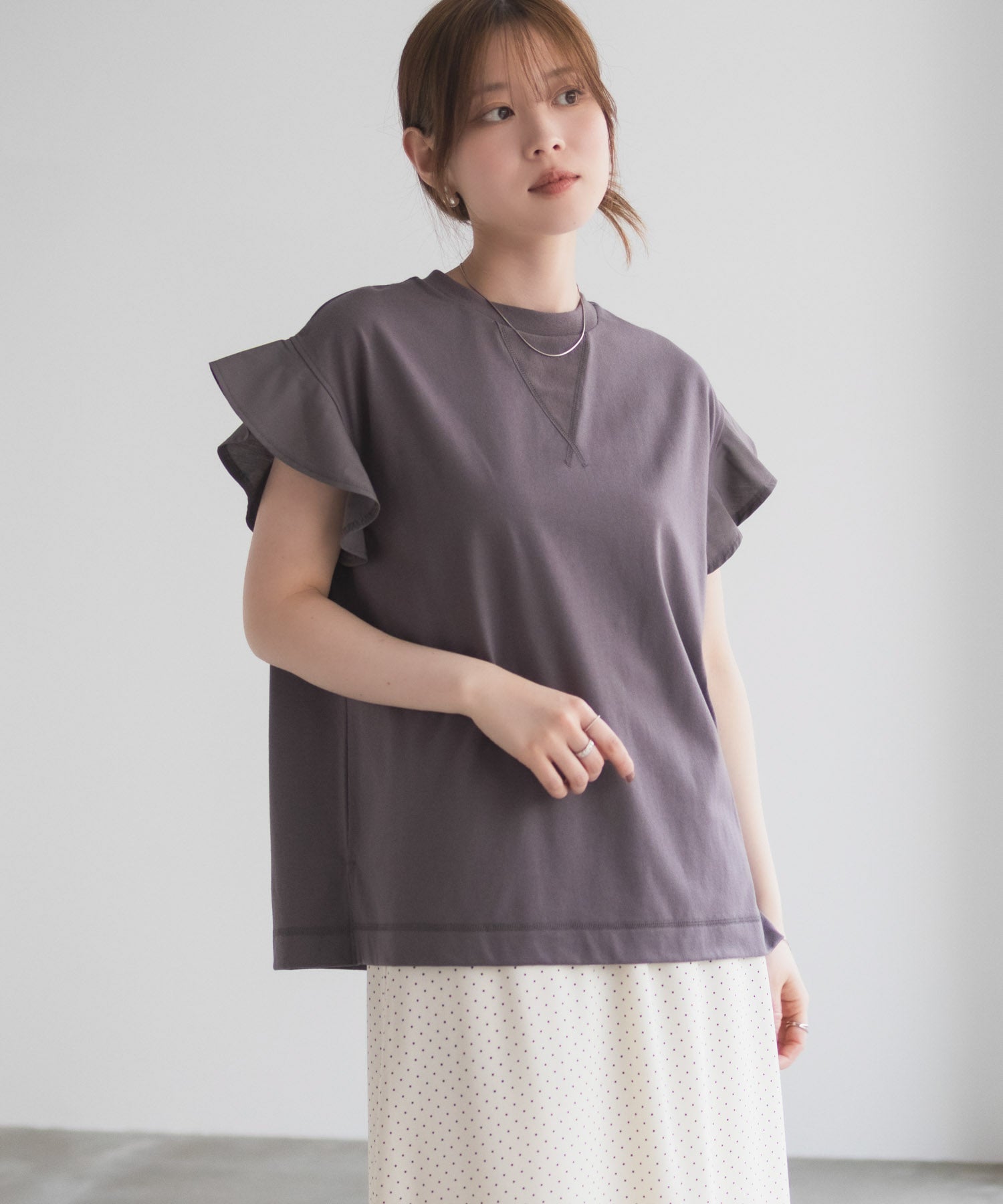 ハッシュアッシュ HusHusH 布帛フリルTシャツ （チャコール） チャコール