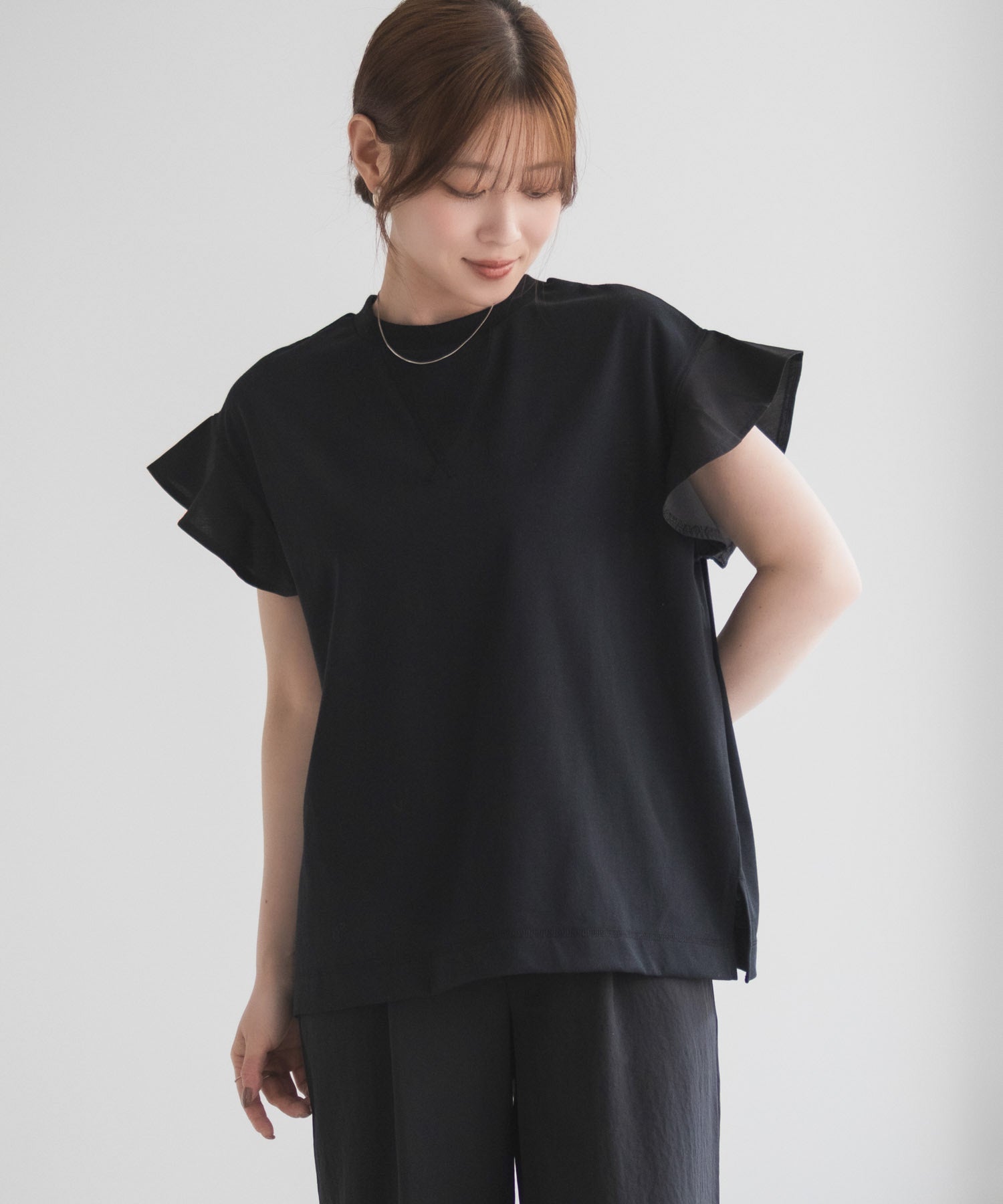 ハッシュアッシュ HusHusH 布帛フリルTシャツ （チャコール） チャコール