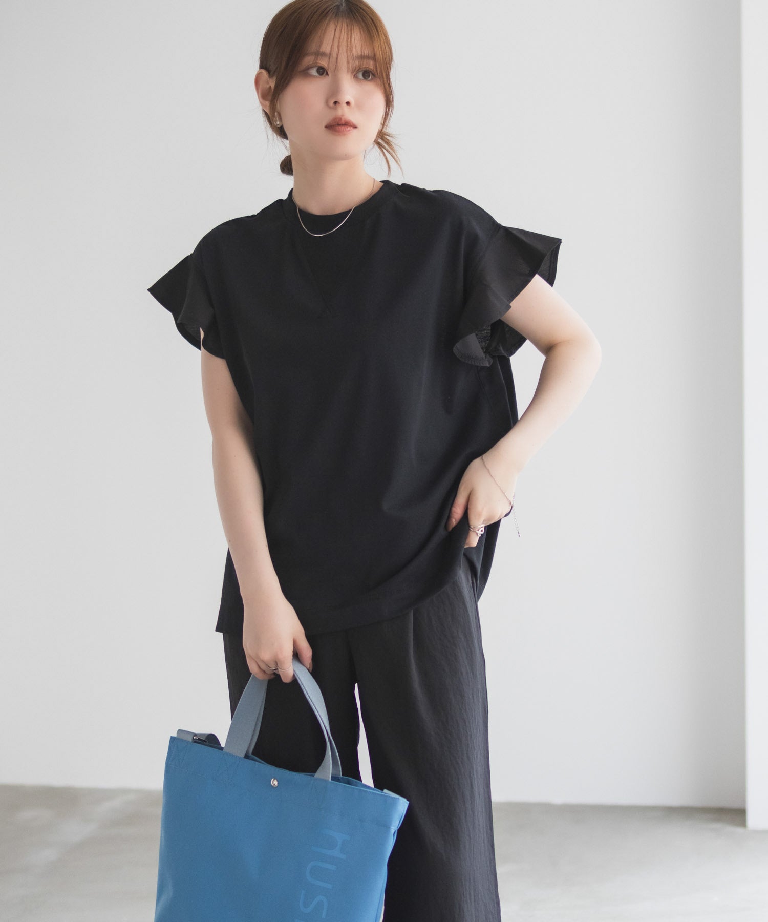 ハッシュアッシュ HusHusH 布帛フリルTシャツ （チャコール） チャコール