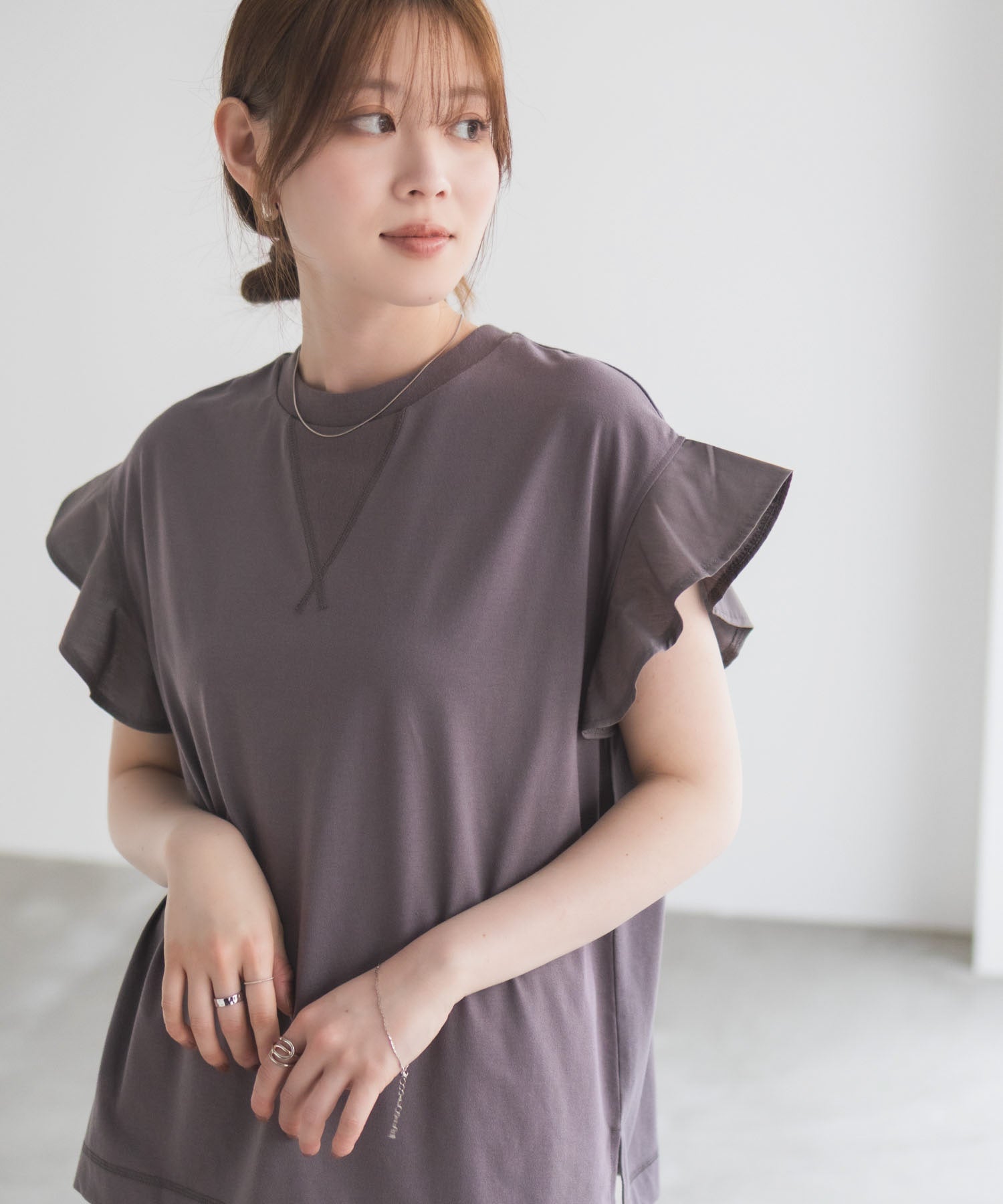 ハッシュアッシュ HusHusH 布帛フリルTシャツ （チャコール） チャコール