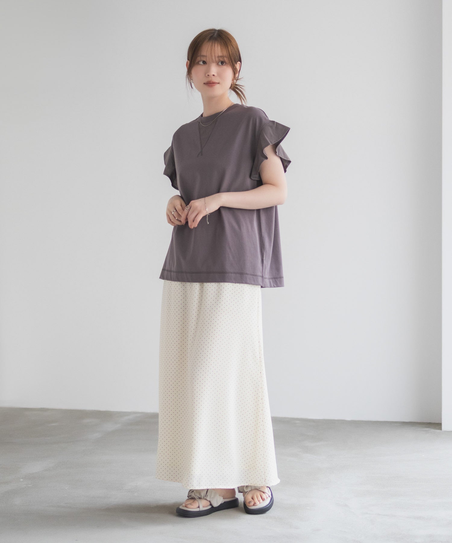 ハッシュアッシュ HusHusH 布帛フリルTシャツ （チャコール） チャコール