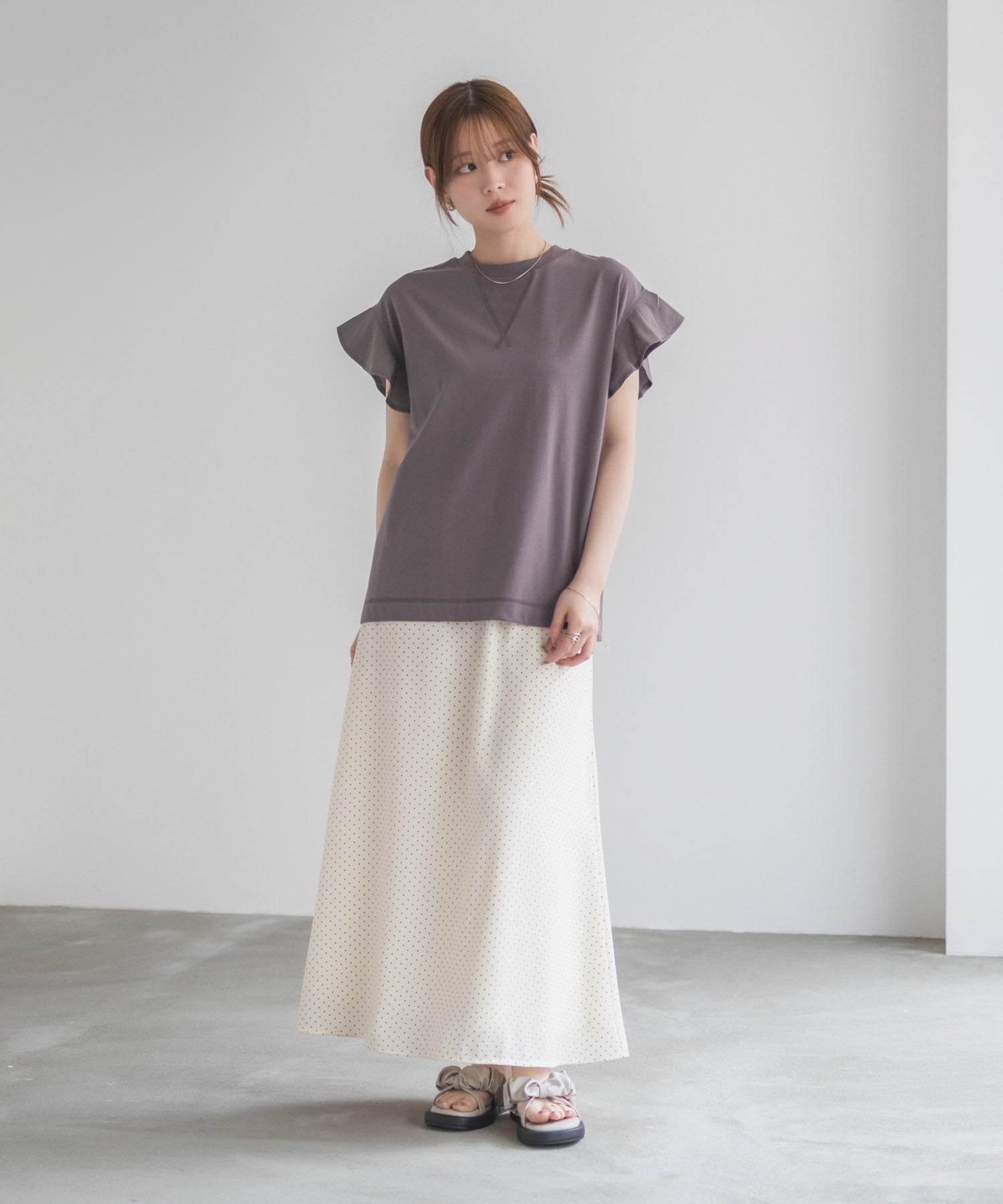 ハッシュアッシュ HusHusH 布帛フリルTシャツ （チャコール） チャコール