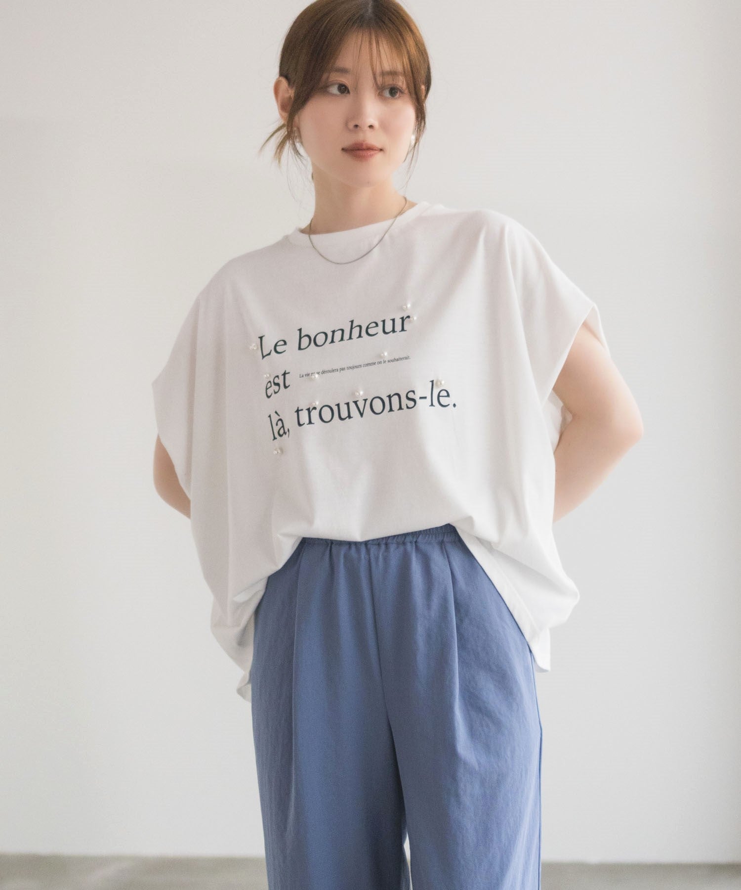 ハッシュアッシュ HusHusH パール使いプリントドルマンTシャツ （ベージュ） ベージュ