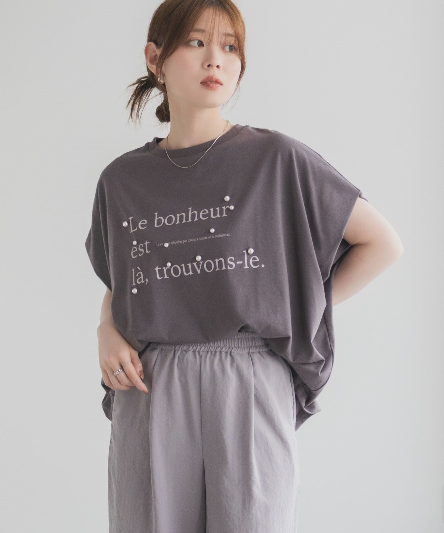 ハッシュアッシュ HusHusH パール使いプリントドルマンTシャツ （チャコール） チャコール