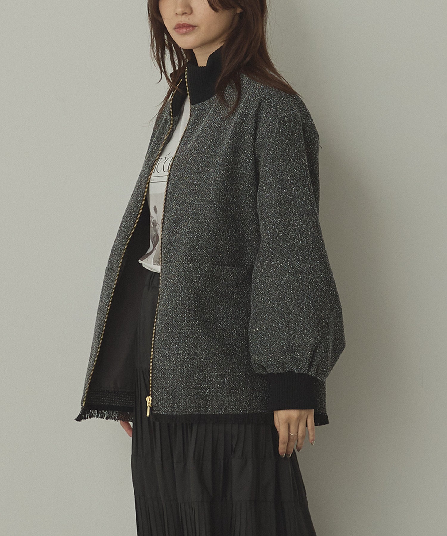 ハンチ hunch スタンドカラー ツィードブルゾン （ブラック） ブラック