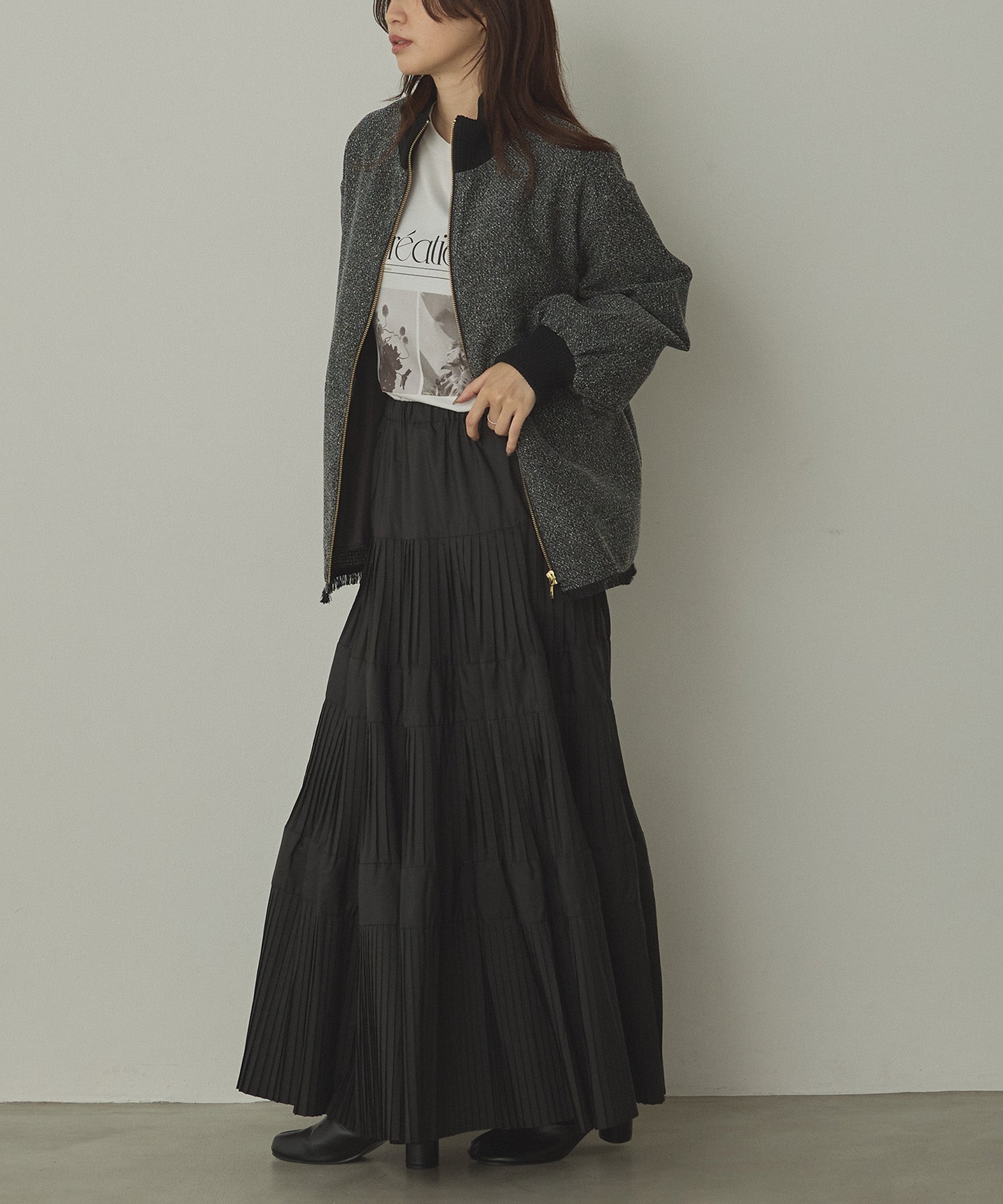 ハンチ hunch スタンドカラー ツィードブルゾン （ブラック） ブラック