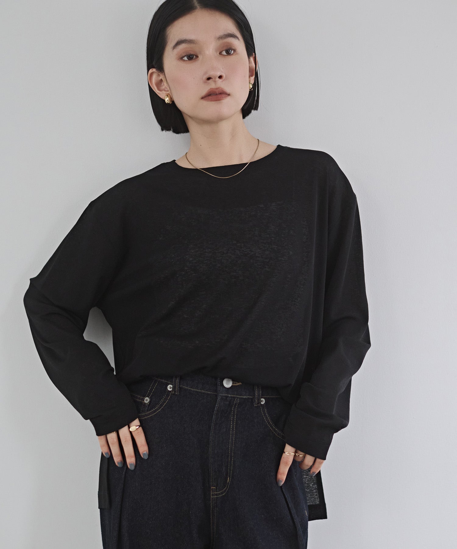ハンチ hunch クルーネック シアーワッフルトップス （ブラック） ブラック