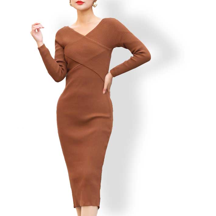 AIKA ica Skin-revealing cache-coeur Design ribbed knit mid-calf length tight dress knit dress AIKA ica Skin-revealing cache-coeur Design ribbed knit mid-calf length tight dress knit dress