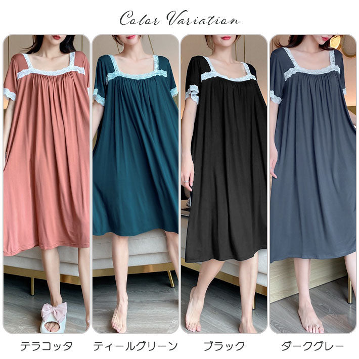 アイカ ica 薄手 涼しい ストレッチ カットソー レーヨン ゆったり ギャザー レース付 半袖 膝下丈 ネグリジェ パジャマ