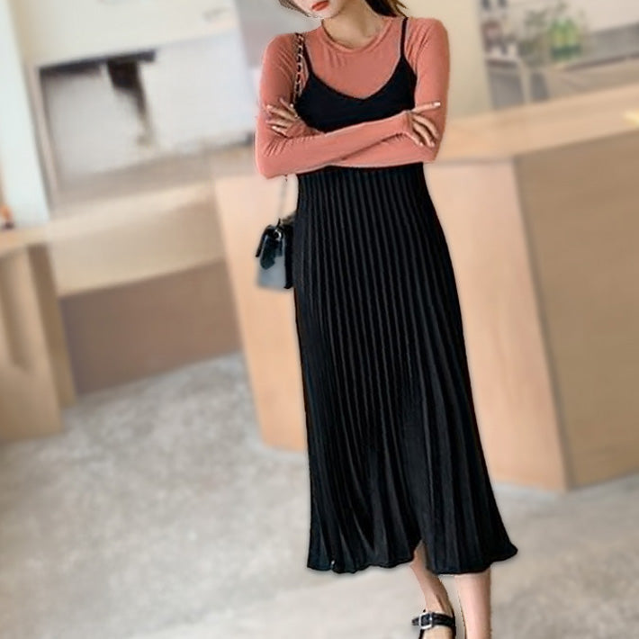AIKA ica Chic suede-like lightly brushed fabric Mid-calf length A-line sleeveless pleated dress