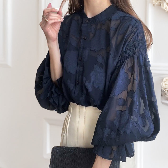 アイカ ica ブラウス シアーブラウス レースブラウス シフォンブラウス スタンドカラー ボリューム袖 シフォン 花柄 レース 透け感 シアー 2WAY ふんわり きれいめ フェミニン ゆったり （NV） NV
