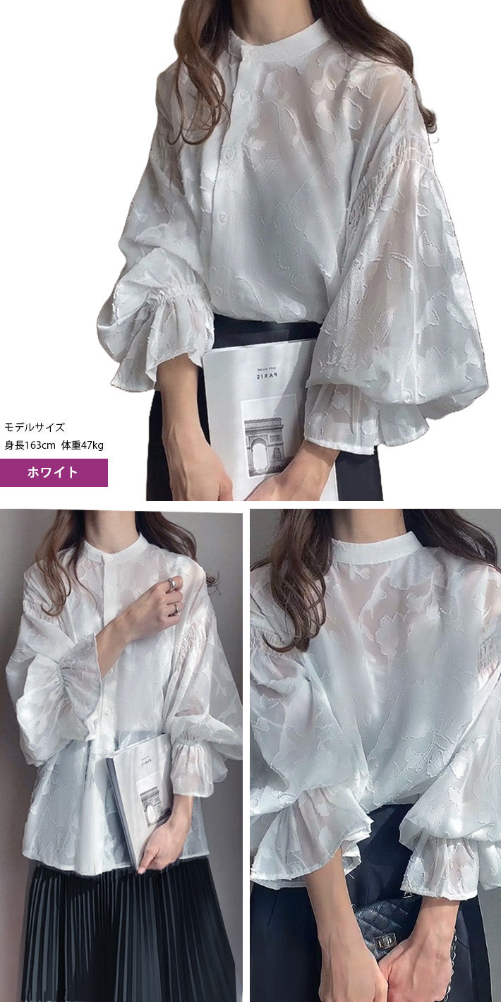 アイカ ica ブラウス シアーブラウス レースブラウス シフォンブラウス スタンドカラー ボリューム袖 シフォン 花柄 レース 透け感 シアー 2WAY ふんわり きれいめ フェミニン ゆったり （WT） WT