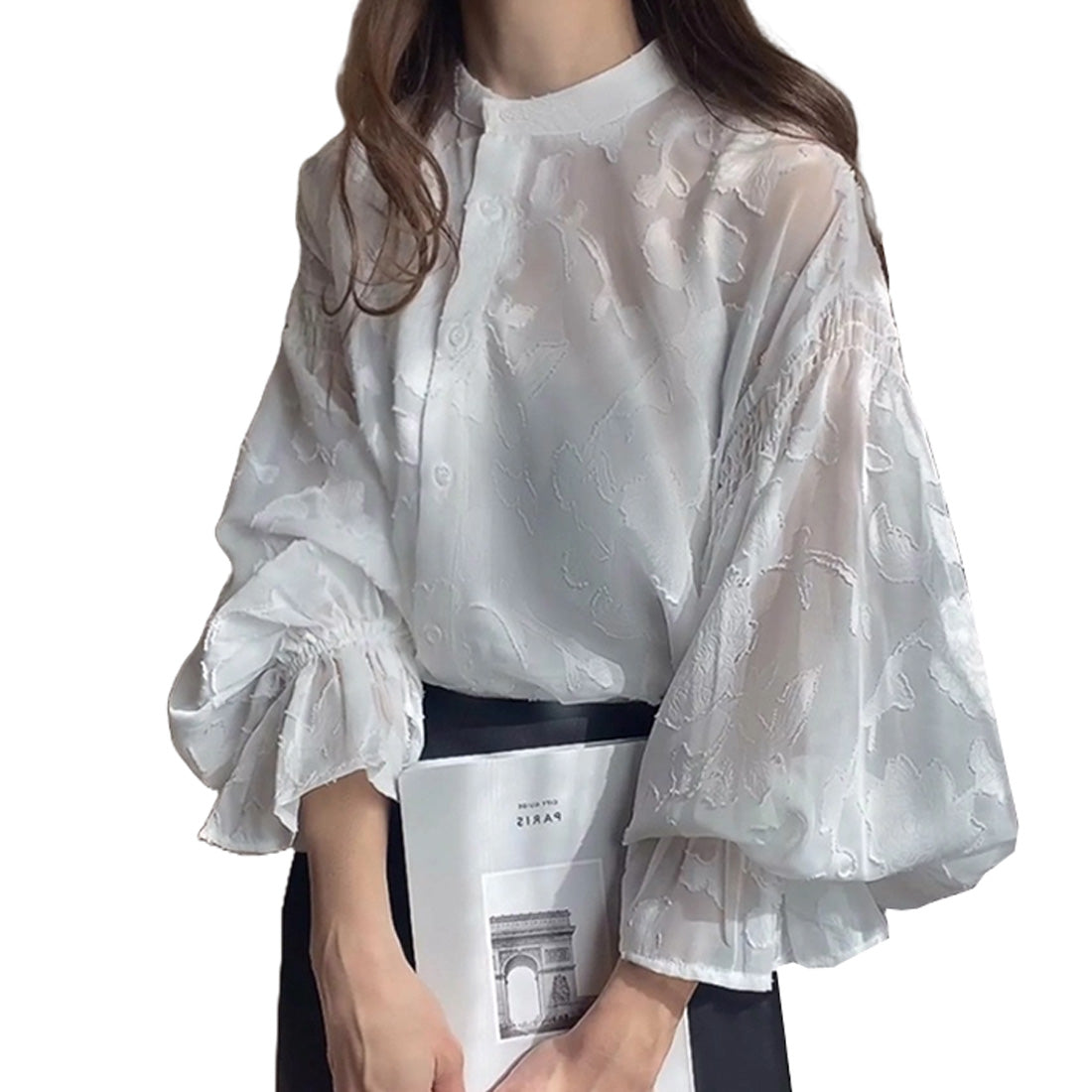 アイカ ica ブラウス シアーブラウス レースブラウス シフォンブラウス スタンドカラー ボリューム袖 シフォン 花柄 レース 透け感 シアー 2WAY ふんわり きれいめ フェミニン ゆったり （WT） WT