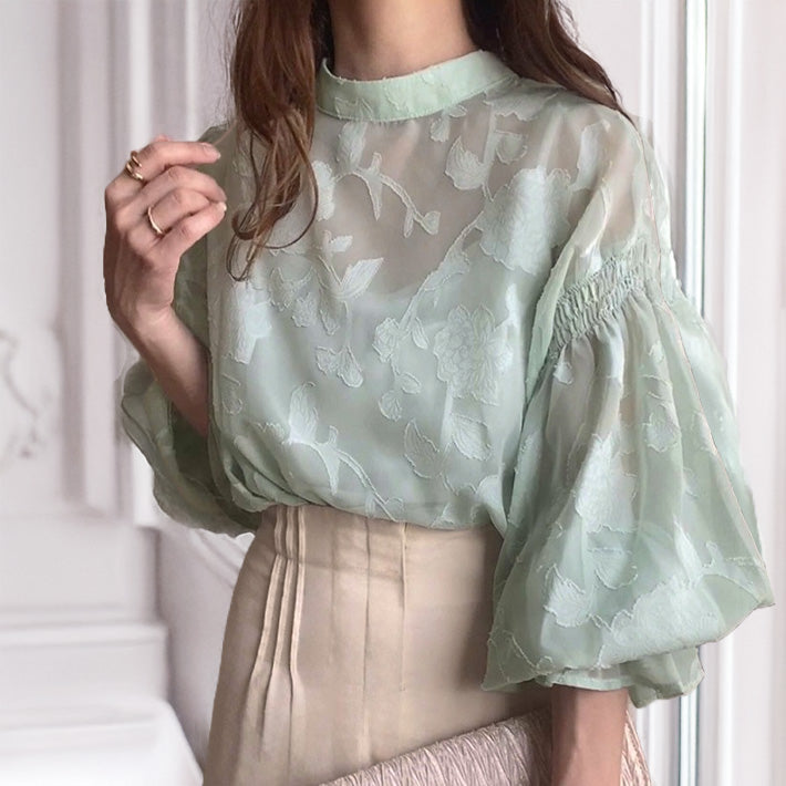 アイカ ica ブラウス シアーブラウス レースブラウス シフォンブラウス スタンドカラー ボリューム袖 シフォン 花柄 レース 透け感 シアー 2WAY ふんわり きれいめ フェミニン ゆったり （GN） GN