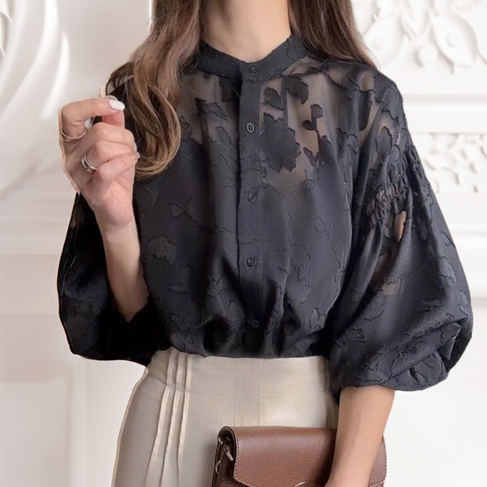 アイカ ica ブラウス シアーブラウス レースブラウス シフォンブラウス スタンドカラー ボリューム袖 シフォン 花柄 レース 透け感 シアー 2WAY ふんわり きれいめ フェミニン ゆったり （BK） BK