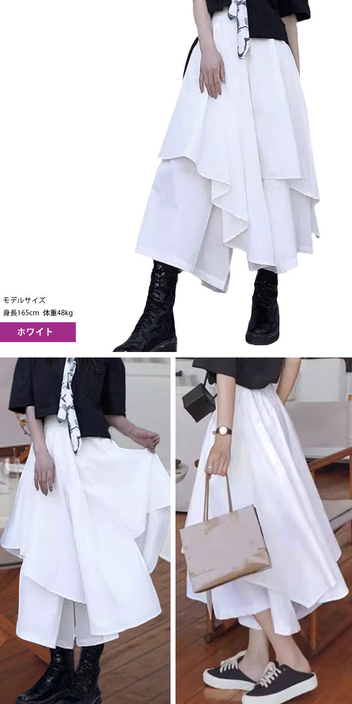 アイカ ica デザイン スカート パンツ 袴パンツ 変形 Aライン フレア モード系 ストリート系 原宿系 アシメ アシメトリー ミモレ ミモレ丈 ロング ロング丈 ゴスロリ 個性的 バンド 衣装 （BK） BK