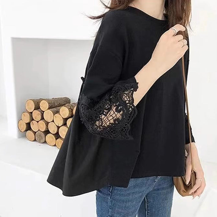 アイカ ica トップス チュニック Tシャツ テールカット Aライン フレア ギャザー 袖 レース プルオーバー 七分袖 切り替え フェミニン 可愛い きれいめ カジュアル ゆったり 体型カバー 大きいサイズ （BK） BK