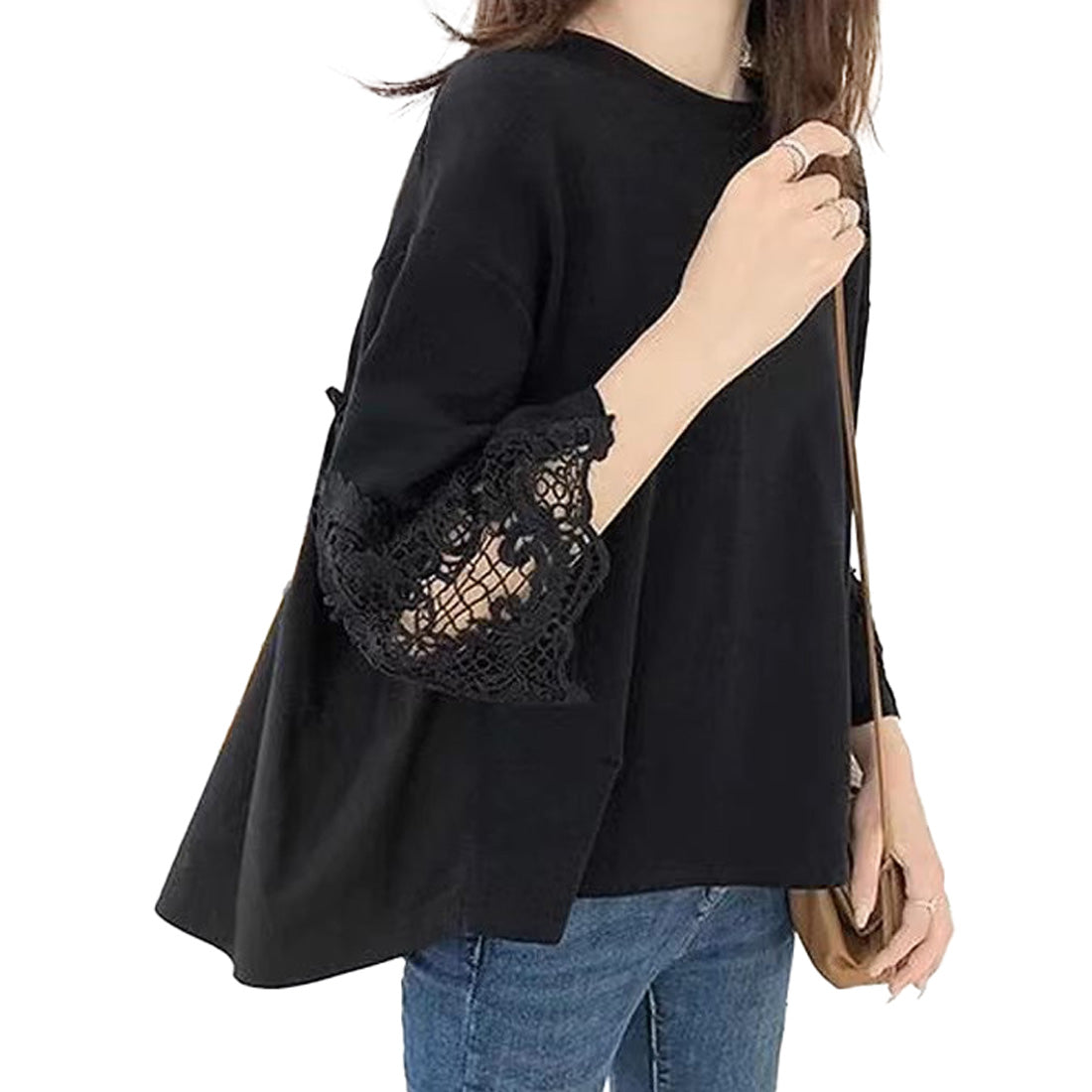 アイカ ica トップス チュニック Tシャツ テールカット Aライン フレア ギャザー 袖 レース プルオーバー 七分袖 切り替え フェミニン 可愛い きれいめ カジュアル ゆったり 体型カバー 大きいサイズ （BK） BK